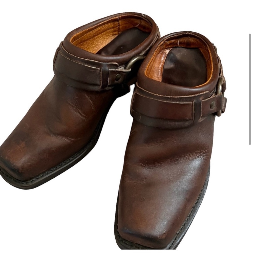 FRYE Leather Belted Harness Slip On Boots Mules
